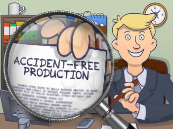 Accident-Free Production. Man Shows Text on Paper through Lens. Colored Doodle Illustration.
