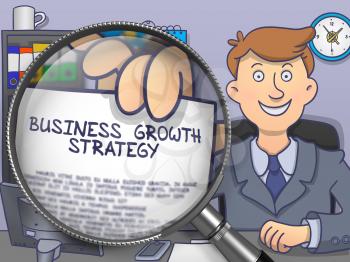 Businessman in Suit Showing a Paper with Inscription Business Growth Strategy Concept through Magnifier. Closeup View. Colored Doodle Illustration.