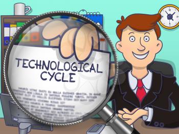 Technological Cycle. Smiling Officeman in Office Workplace Holds Out a Paper with Text through Lens. Multicolor Doodle Illustration.