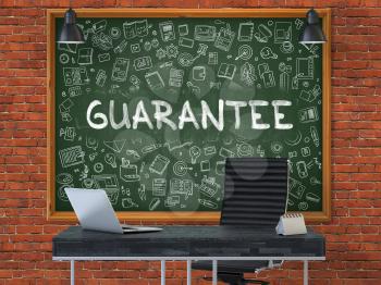 Green Chalkboard on the Red Brick Wall in the Interior of a Modern Office with Hand Drawn Guarantee. Business Concept with Doodle Style Elements. 3D.