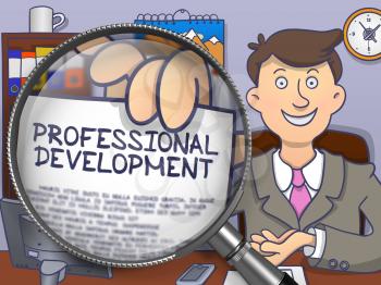Professional Development. Handsome Man in Office Holding a Concept on Paper through Magnifying Glass. Multicolor Modern Line Illustration in Doodle Style.