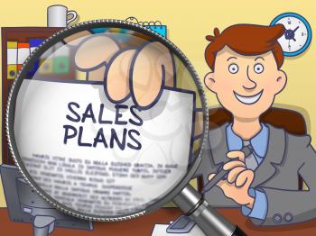 Sales Plans. Businessman Sitting in Office and Holds Out a through Lens Paper with Text. Colored Doodle Style Illustration.
