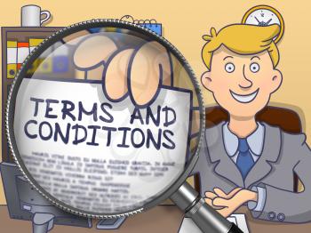 Terms and Conditions. Man Holds Out a Paper with Inscription through Lens. Colored Doodle Style Illustration.