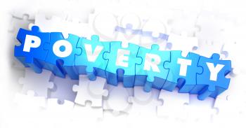 Poverty - Text on Blue Puzzles on White Background. 3D Render. 
