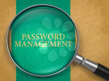 Password Management through Lens on Old Paper with Blue Vertical Line Background. 3D Render.
