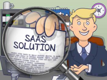 Businessman in Suit Shows Paper with Text SAAS Solution Concept through Lens. Closeup View. Colored Doodle Style Illustration.