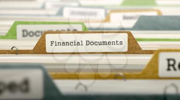 Financial Documents Concept on File Label in Multicolor Card Index. Closeup View. Selective Focus. 3D Render. 