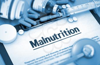 Malnutrition - Medical Report with Composition of Medicaments - Pills, Injections and Syringe. Malnutrition - Printed Diagnosis with Blurred Text. 3D.