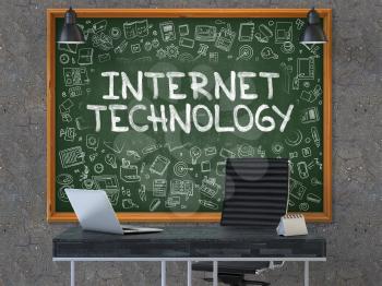 Internet Technology - Handwritten Inscription by Chalk on Green Chalkboard with Doodle Icons Around. Business Concept in the Interior of a Modern Office on the Dark Old Concrete Wall Background. 3D.