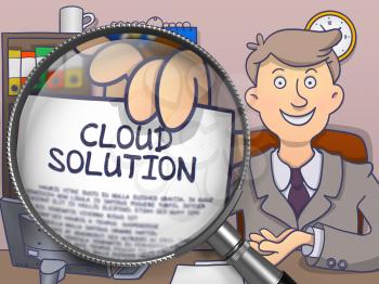 Man Holds Out a Text on Paper Cloud Solution. Closeup View through Lens. Colored Doodle Illustration.