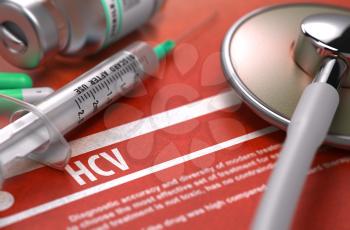 Diagnosis - HCV- Hepatitis C Virus. Medical Concept with Blurred Text, Stethoscope, Pills and Syringe on Orange Background. Selective Focus. 3D Render.