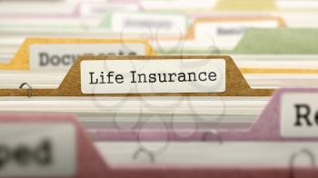 Life Insurance on Business Folder in Multicolor Card Index. Closeup View. Blurred Image. 3D Render.