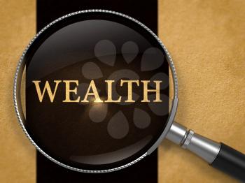 Wealth through Loupe on Old Paper with Black Vertical Line Background. 3D Render.