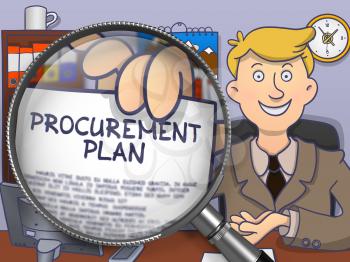Procurement Plan. Text on Paper in Business Man's Hand through Lens. Multicolor Doodle Illustration.