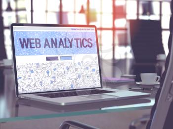 Web Analytics - Closeup Landing Page in Doodle Design Style on Laptop Screen. On Background of Comfortable Working Place in Modern Office. Toned, Blurred Image. 3D Render.