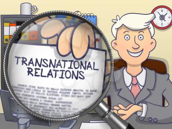 Transnational Relations on Paper in Man's Hand through Magnifying Glass to Illustrate a Business Concept. Multicolor Modern Line Illustration in Doodle Style.
