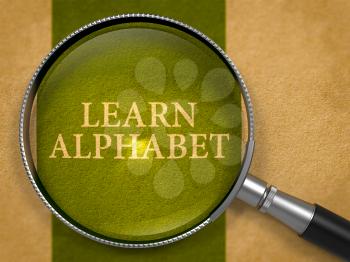 Learn Alphabet through Magnifying Glass on Old Paper with Dark Green Vertical Line Background. 3D Render.