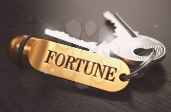 Keys to Fortune - Concept on Golden Keychain over Black Wooden Background. Closeup View, Selective Focus, 3D Render. Toned Image.
