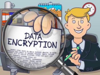 Data Encryption. Business Man Shows Paper with Concept through Lens. Multicolor Modern Line Illustration in Doodle Style.