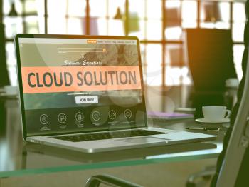 Cloud Solution Concept Closeup on Laptop Screen in Modern Office Workplace. Toned Image with Selective Focus. 3D Render.
