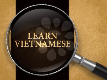 Learn Vietnamese through Magnifying Glass on Old Paper with Black Vertical Line Background. 3D Render.