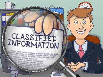 Classified Information through Lens. Business Man Holding a Paper with Text. Closeup View. Multicolor Doodle Illustration.