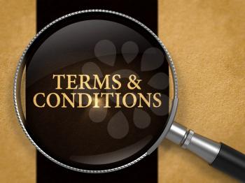 Terms and Conditions through Lens on Old Paper with Black Vertical Line Background. 3D Render.