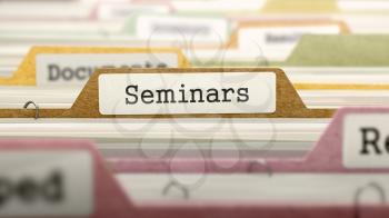 Seminars - Folder Register Name in Directory. Colored, Blurred Image. Closeup View. 3D Render.