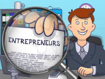 Entrepreneurs.  Officeman Welcomes in Office and Holding a Paper with Inscription through Magnifier. Colored Modern Line Illustration in Doodle Style.