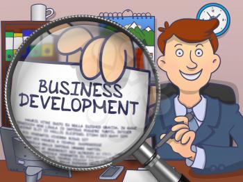 Business Development. Paper with Inscription in Man's Hand through Lens. Multicolor Doodle Illustration.