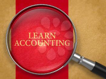Learn Accounting through Lens on Old Paper with Dark Red Vertical Line Background. 3D Render.