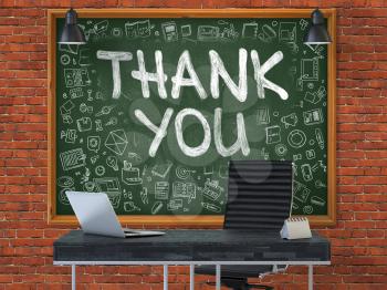 Hand Drawn Thank You on Green Chalkboard. Modern Office Interior. Red Brick Wall Background. Business Concept with Doodle Style Elements. 3D.