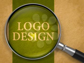 Logo Design through Loupe on Old Paper with Dark Green Vertical Line Background. 3D Render.