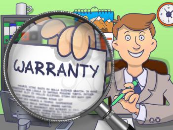 Warranty on Paper in Man's Hand through Lens to Illustrate a Business Concept. Multicolor Modern Line Illustration in Doodle Style.