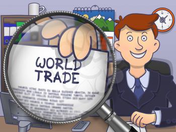 World Trade. Officeman Shows Paper with Text through Magnifier. Multicolor Doodle Style Illustration.