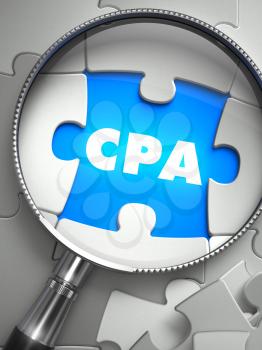 CPA - Cost Per Action - Puzzle with Missing Piece through Loupe. 3d Illustration with Selective Focus. 