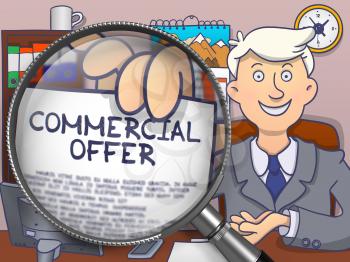 Businessman in Suit Shows Concept Commercial Offer on Paper  through Magnifier. Closeup View. Multicolor Doodle Illustration.