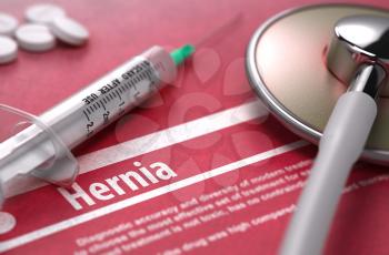 Hernia - Medical Concept on Red Background with Blurred Text and Composition of Pills, Syringe and Stethoscope. 3D Render.