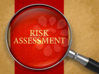Risk Assessment through Magnifying Glass on Old Paper with Crimson Vertical Line Background. 3D Render.