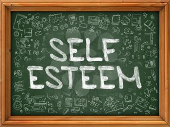 Self Esteem - Hand Drawn on Green Chalkboard with Doodle Icons Around. Modern Illustration with Doodle Design Style.