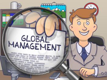 Man Sitting in Office and Showing Concept on Paper Global Management. Closeup View through Magnifying Glass. Colored Doodle Illustration.