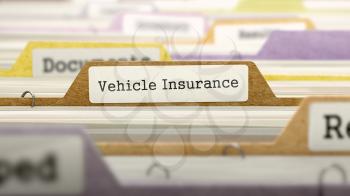 Vehicle Insurance - Folder Register Name in Directory. Colored, Blurred Image. Closeup View. 3D Render.