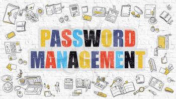 Password Management. Multicolor Inscription on White Brick Wall with Doodle Icons Around. Modern Style Illustration with Doodle Design Icons. Password Management on White Brickwall Background.