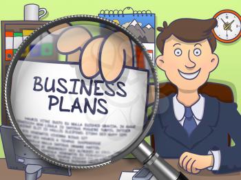 Businessman Showing Paper with Concept - Business Plans. Closeup View through Lens. Multicolor Doodle Illustration.