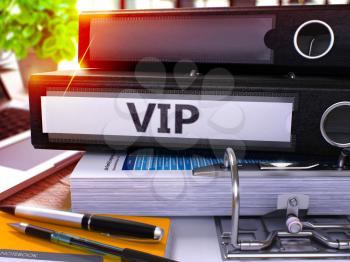 VIP - Very Important Person - Black Office Folder on Background of Working Table with Stationery and Laptop. VIP Business Concept on Blurred Background. VIP Toned Image. 3D.