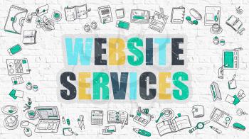 Website Services Concept. Modern Line Style Illustration. Multicolor Website Services Drawn on White Brick Wall. Doodle Icons. Doodle Design Style of  Website Services  Concept.