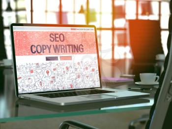 SEO Copywriting Concept. Closeup Landing Page on Laptop Screen in Doodle Design Style. On Background of Comfortable Working Place. Blurred, Toned Image. 3D Render.