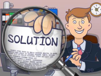 Business Man Welcomes in Office and Holding a Concept on Paper Solution. Closeup View through Magnifying Glass. Colored Doodle Illustration.