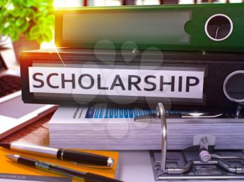 Scholarship - Black Office Folder on Background of Working Table with Stationery and Laptop. Scholarship Business Concept on Blurred Background. Scholarship Toned Image. 3D.