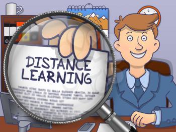 Businessman in Office Holds Out a Paper with Text Distance Learning. Closeup View through Magnifying Glass. Colored Doodle Style Illustration.